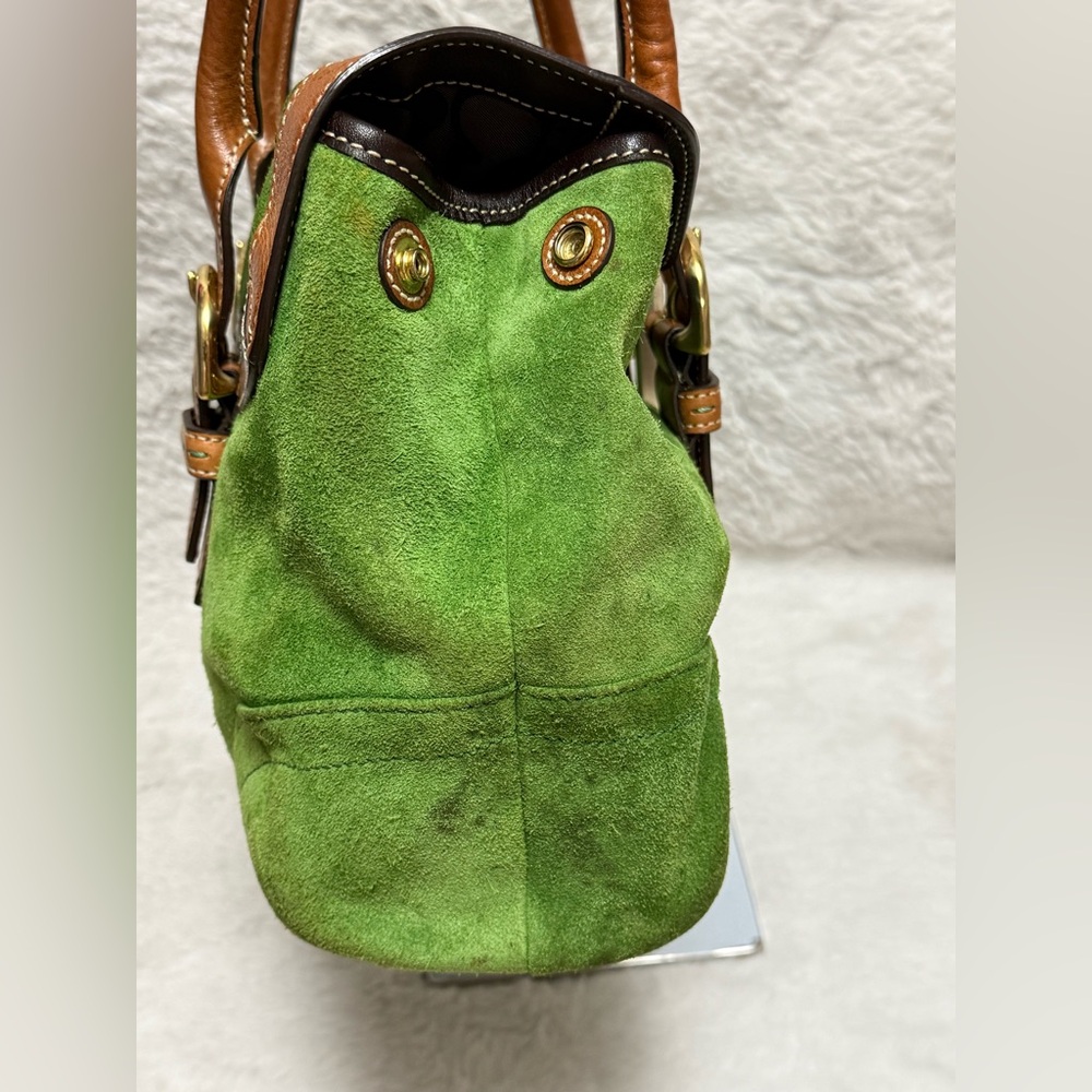 Coach Hampton Flap Satchel- Green Suede Shoulder Bag with Brown Leather Straps - Picture 7 of 14